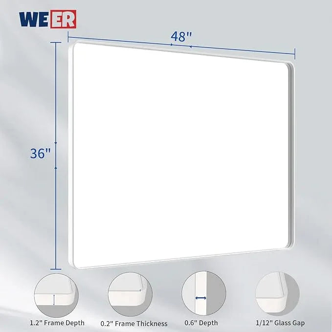 WEER White Bathroom Mirror 48X36 Inch, Rounded Rectangle White Metal Frame Mirror, Matte White Bathroom Vanity Mirror with Tempered Glass, Anti-Rust, Hangs Horizontally or Vertically - ModernBath