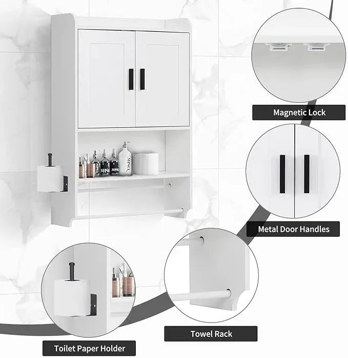 apexnova Bathroom Wall Cabinet, Wooden Medicine Cabinet Over The Toilet with Adjustable Inner Shelf, Wall Mounted Cabinet with Doors for Bathroom Storage, Hanging Cabinet for Wall with Towels Bar - ModernBath
