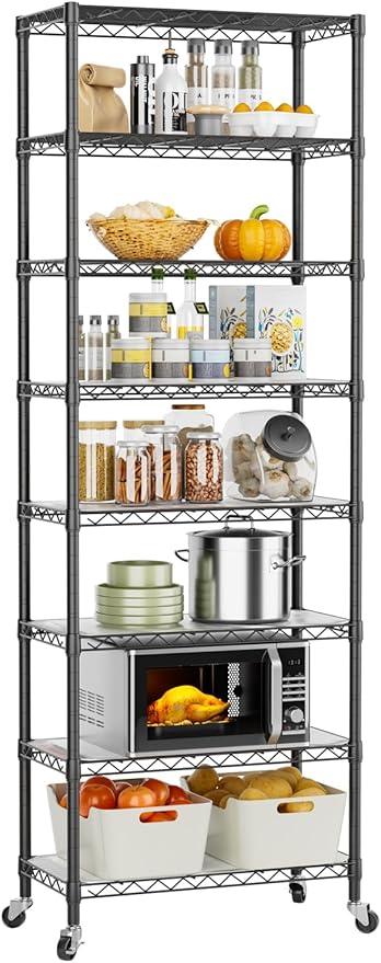 8 Tier Shelves Storage Shelf Wire Closet Bathroom Organizers Metal Pantry Kitchen Garage Shelving Unit Laundry Room Organization Home Rack Net Basket Black with Wheels 12”D X 22”W X 74.2”H - ModernBath