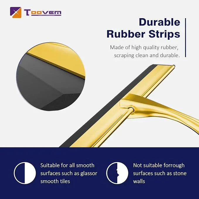 TOOVEM 14 Inch Shower Squeegee for Glass Doors, Window, Bathroom, Car Windshield, Shower Cleaning Tools with S Hook, Square Sticky Hook (Gold) - ModernBath