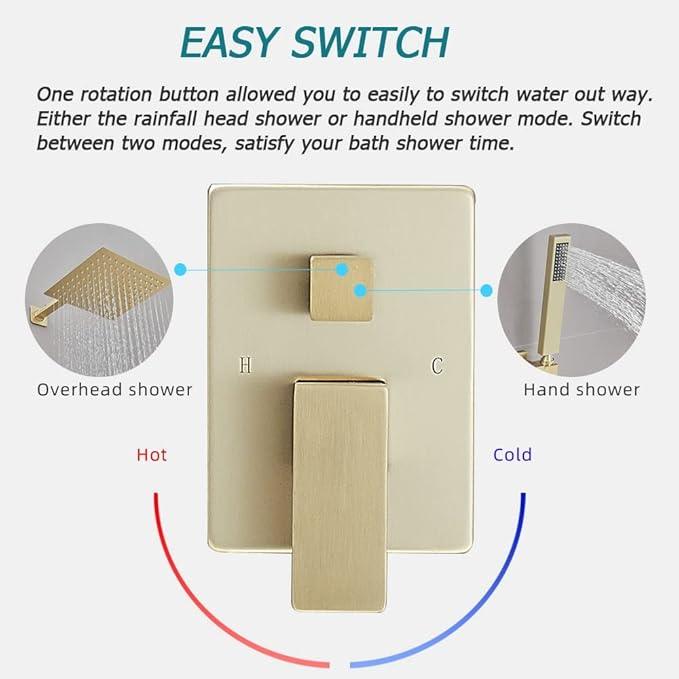 Heable Brushed Gold Shower System 12 Inches Bathroom Luxury Rain Shower Head with Handheld Combo Set Wall Mounted High Pressure Rainfall Shower Head System Shower Faucet with Valve and Trim Kit - ModernBath