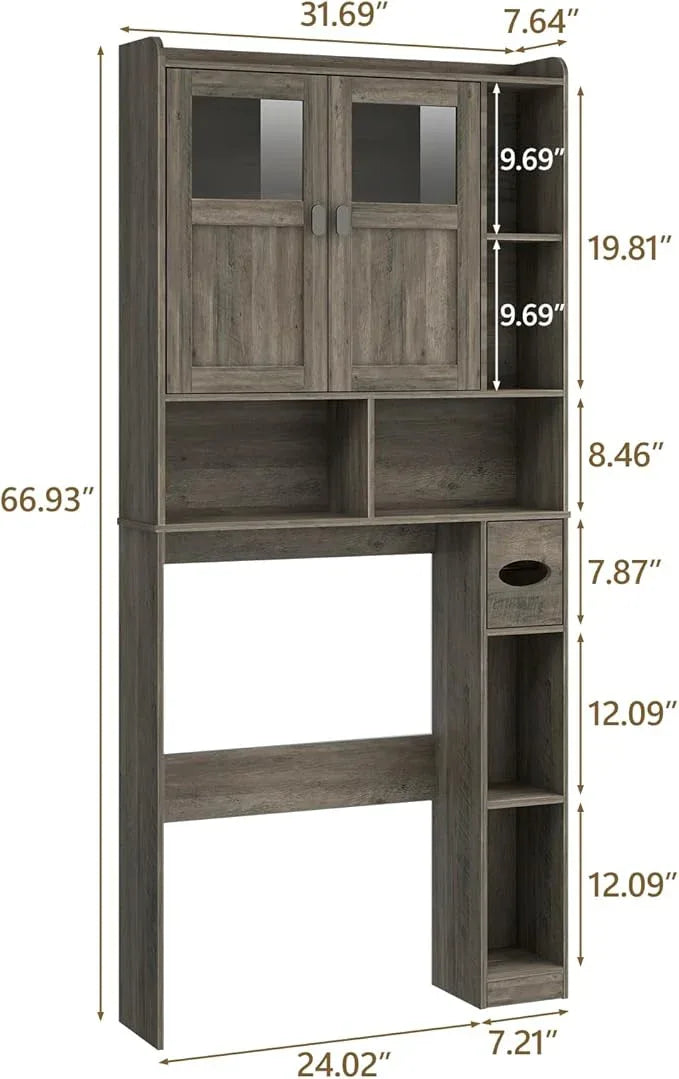 Vabches Over The Toilet Storage Cabinet, Bathroom Shelf Over Toilet with Glass Doors and Adjustable Shelves, Grey Freestanding Home Space Save Toilet Rack, for Restroom, Bathroom, Laundry - ModernBath