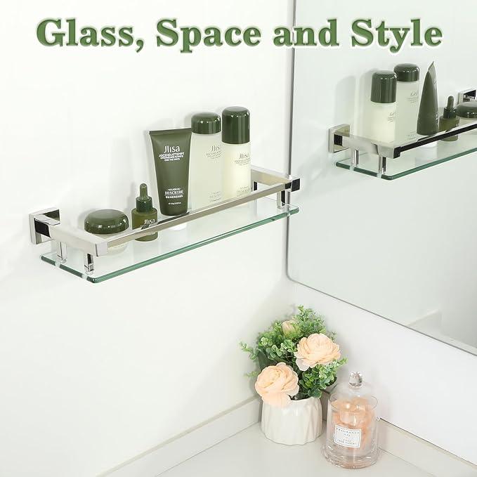 Alise Bathroom Glass Shelf with Stainless Steel Railing, Polished Chrome Small Tempered Glass Floating Wall Shelf Over The Toilet, 16 inch - ModernBath