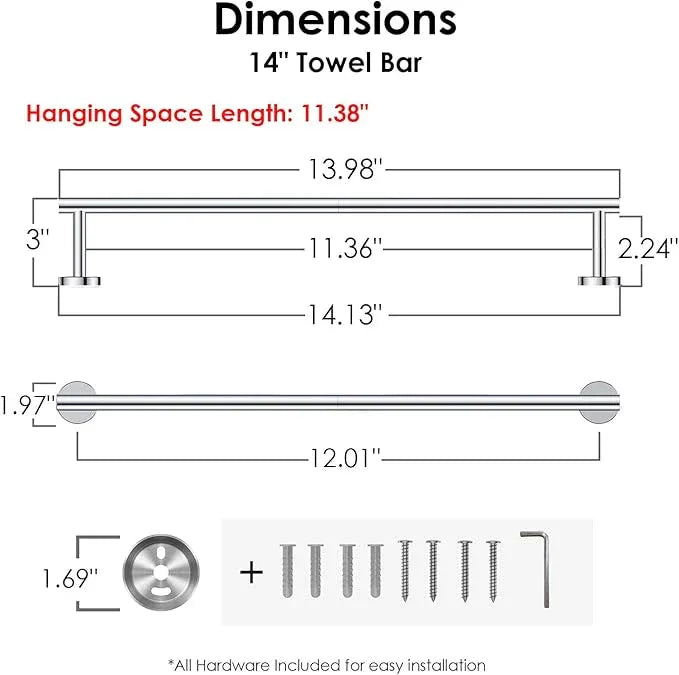 FORIOUS Towel Bar Wall Mounted, Stainless Steel Towel Racks for Bathroom, Includes Wall Mounting Hardware (Chrome, 14 Inch) - ModernBath