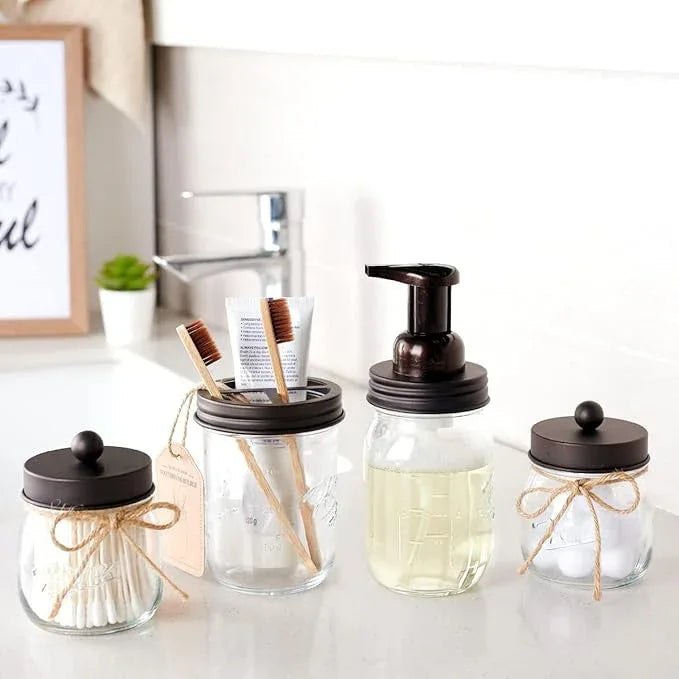 Amolliar Mason Jar Bathroom Accessories Set 4 Pack - Foaming Soap Dispenser&2 Qtip Holders&Toothbrush Holder-Rustic Farmhouse Decor Bathroom Organizer Apothecary Jar Country Countertop (Bronze) - ModernBath