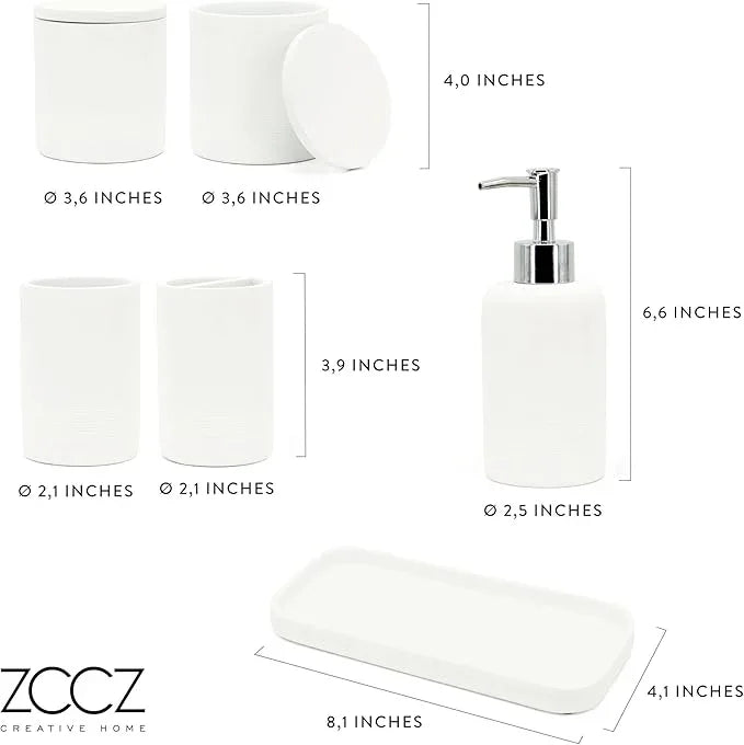 ZCCZ White Bathroom Accessories Set 6 Pieces - Toothbrush Holder, Lotion Dispenser, Qtip Container, Vanity Tray, Tumbler - Countertop Organizer for Bathrooms - Elegant and Functional Décor Set - ModernBath