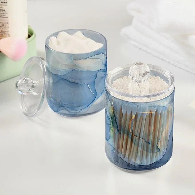 BOENLE 2 Pack Qtip Holder Dispenser Blue Marble Bathroom Storage Canister Lid Acrylic Plastic Apothecary Jar Set Vanity Makeup Organizer for Cotton Swabs/Pads/Floss - ModernBath