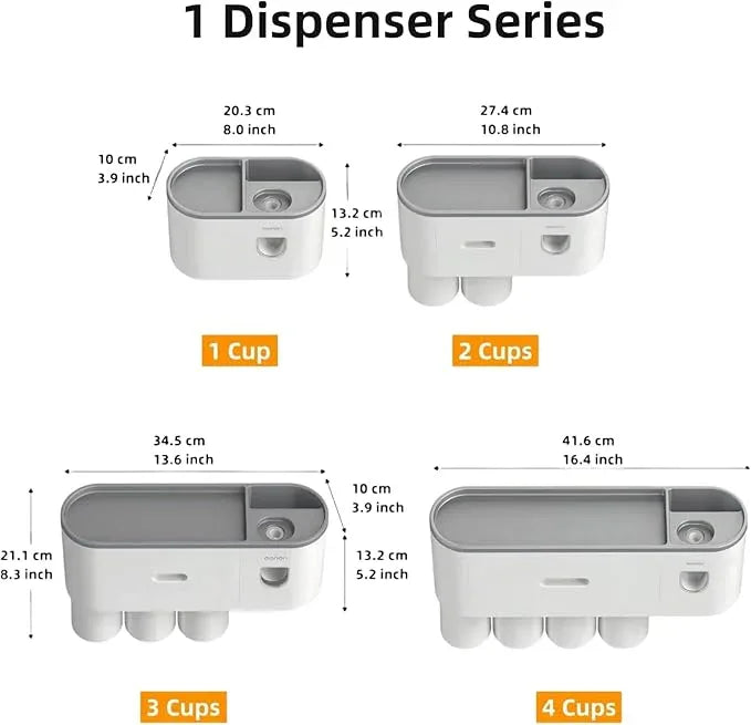 Celsitudo No-Drill Wall Mounted Toothbrush Holder, Bathroom Shelf, with Automatic Toothpaste Dispensers 4 Brush Hooks 4 Magnetic Cups 1 Cosmetic Drawer Organizer and Large Storage (1 Dispenser 4 Cups) - ModernBath