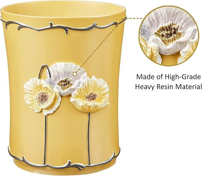 Zahari Home 2pc Poppy Fields Modern Bath Accessories Set Waste Basket & Tissue Box Modern Classic Contemporary Decorative Beautiful Designs Bathroom Decor Set for Home Luxury Yellow Bath Set - ModernBath