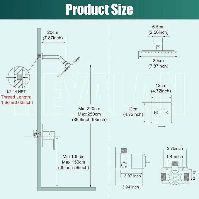 Heyalan 8 Inch Shower Head and Handle Set Square Shower Faucet Set Bathroom Rainfall Shower Faucet Set Stainless Steel Showerhead Single Function Shower Trim Kit,Male Thread Valve,Oil Rubbed Bronze - ModernBath