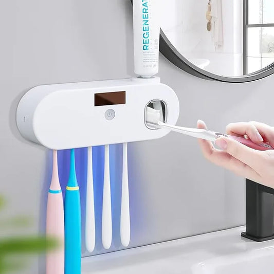 Toothbrush Holders - OVAS HOO Toothbrush Holder for Bathroom 5 Toothbrush Slots Toothbrush Holder Wall Mounted with Toothpaste Dispenser Chargeable Tooth Brushing Holder (White) - ModernBath