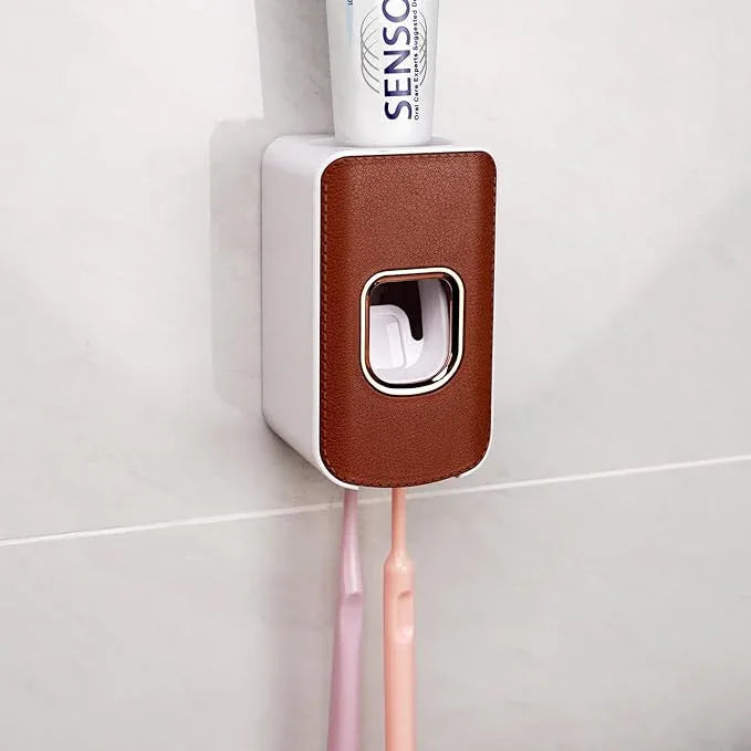 2 Slot Plastic Toothbrush Holder and Toothpaste Dispenser Wall Mounted, Automatic Toothpaste Squeezer, 2 in 1 Tooth Brush Toothpaste Organizer for Shower (Brown) - ModernBath