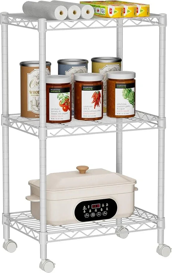 Small 3 Tier Shelves Storage Wire Shelving Unit Metal Shelf Adjustable Organizers Storage Shelving with Wheels for Bathroom Laundry Room Kitchen Pantry12”D x 18”W x 30.7”H White - ModernBath