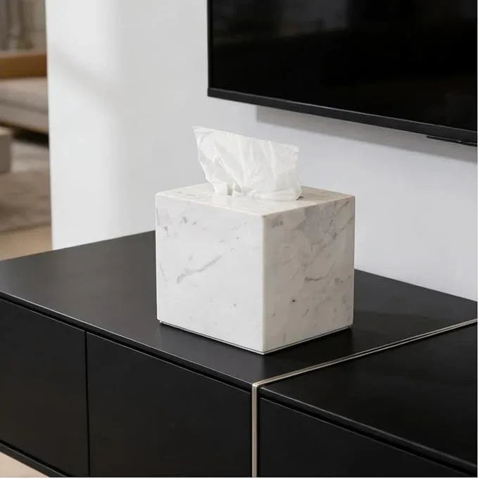 Natural Marble White Tissue Box Cover, Heavy Duty Nature Stone Tissue Box Holder, Elegant & Luxurious Grey Square Toilet Tissue Box Holder for Bathroom, Bedroom, Living Room, Office - ModernBath