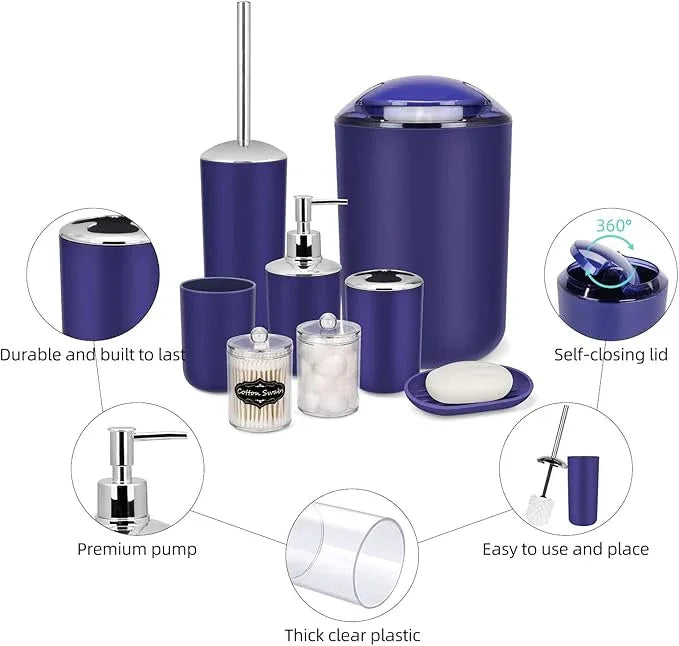 IMAVO Bathroom Accessories Set,Navy Blue Bathroom Set,9 Pieces Bathroom Accessory Set,Tray,Qtip Holders,Toilet Brush,Trash Can for Bathroom Décor and Home Gifts - ModernBath