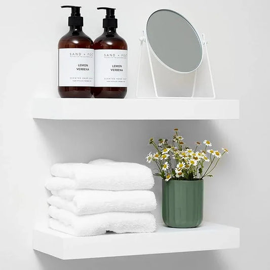 Homeforia White Floating Shelves 16 inch, High End Solid Real Wood 16inch Bathroom Floating Shelf for Wall Mounted, White Wooden 16 Floating Shelves, Heavy Duty Bracket, 16 X 6.5 X 1.75 inch, Set of 2 - ModernBath