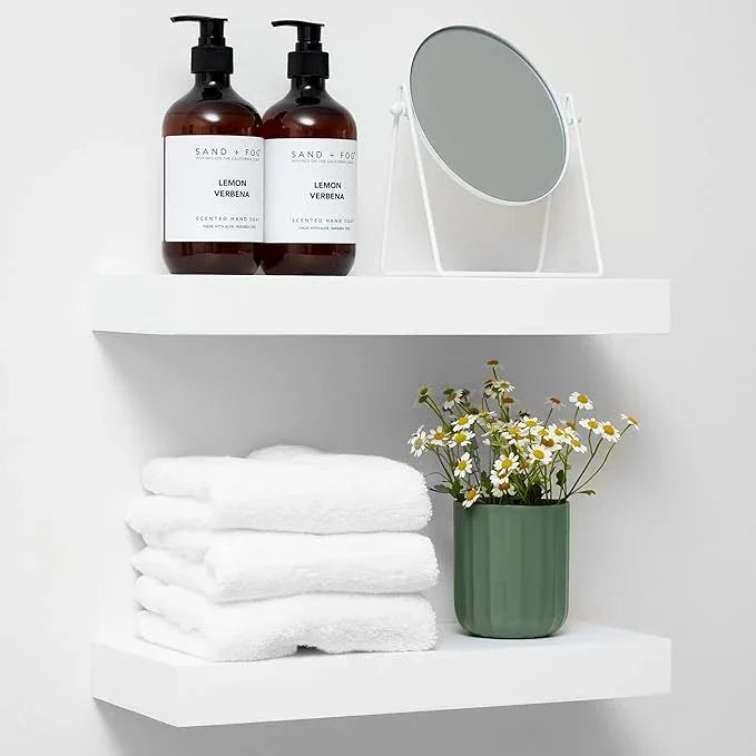 Homeforia White Floating Shelves 16 inch, High End Solid Real Wood 16inch Bathroom Floating Shelf for Wall Mounted, White Wooden 16 Floating Shelves, Heavy Duty Bracket, 16 X 6.5 X 1.75 inch, Set of 3 - ModernBath