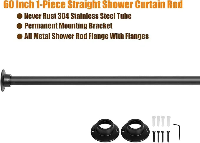 Artiwell 60" Heavy Duty Straight Shower Rod With Shower Rod Flange, Permanent Mount Shower Curtain Rod With Screws Bracket, Never Rust Stainless Steel, Window Curtain and Closet Rod, Matte Black - ModernBath