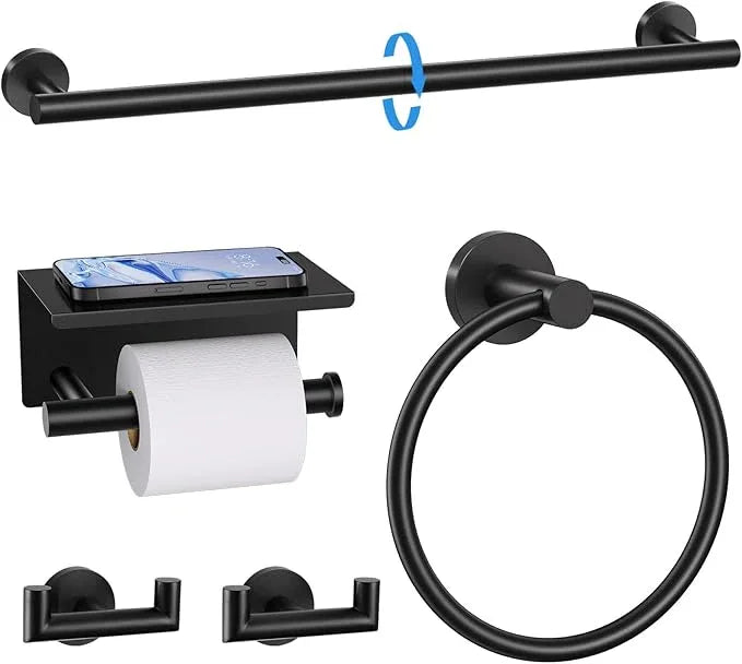 TNOMS 5 Pieces Towel Bar Set Matte Black Bathroom Hardware Set Upgraded Toilet Paper Holder with Shelf Towel Rail Set for Bathroom Stainless Steel Wall Mounted 23.6 Inch - ModernBath