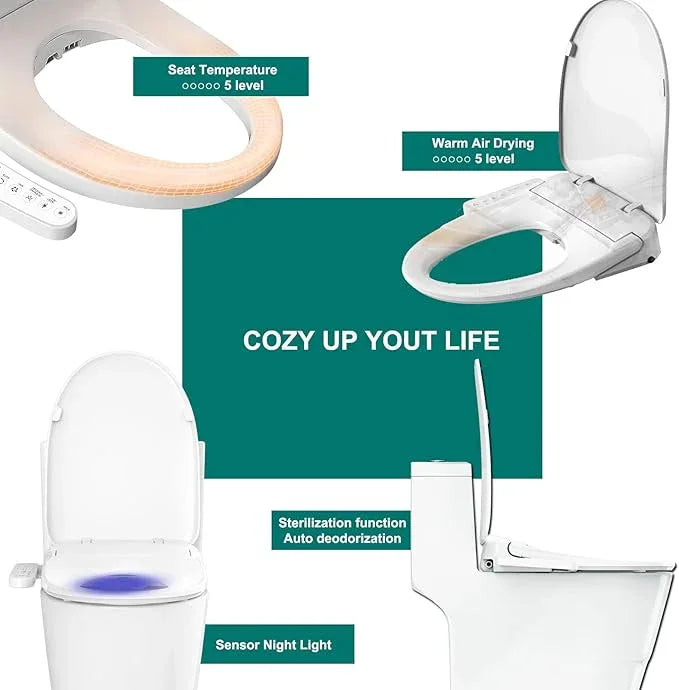 Aquatiz Elongated Smart Toilet Seat, Electronic Heated Toilet Seat, Self-Cleaning Nozzle, Temperature Controlled Wash, Air Dryer, Deodorizer, LED Light, Multi-mode Wash, (Panel Control) - ModernBath