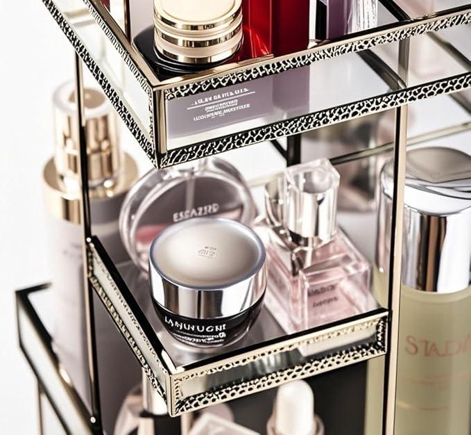 Vintage Glow Antique 360 Degree Rotating Makeup Organizer,4-Tier Spinning Perfume Tray,Countertop Cosmetic Storage ,Glass Beauty Display,Retro Large Capacity Vanity Organizer for Brushes Skincare - ModernBath