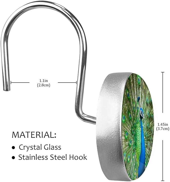 12pcs Shower Curtain Hooks,The Peacock Shows its Tail Decorative Shower Curtain Hanger Rings Roller, Stainless Steel Round Shower Rings Hangers for Bathroom - ModernBath