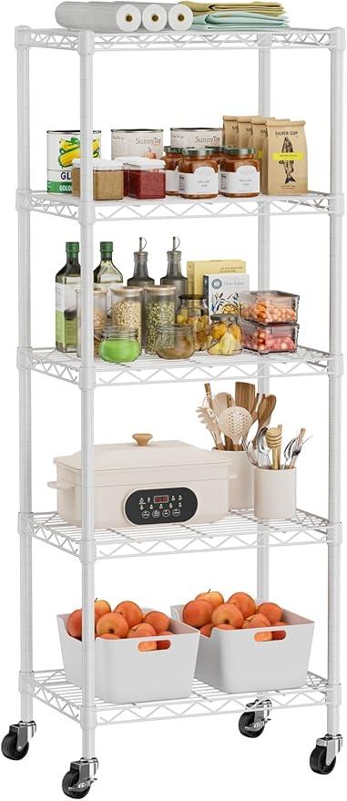 Small 5 Tier Shelves Storage Wire Shelving Unit Metal Shelf Adjustable Organizers Storage Shelving with Wheels for Bathroom Laundry Room Kitchen Pantry12”D x 18”W x 57.2”H White - ModernBath