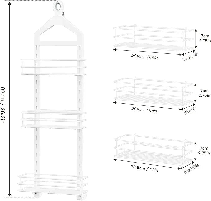 Orimade Adjustable Anti-slip Shower Caddy over Head, Rustproof Bathroom Hanging Shower Organizer with 2 Hooks for Razor, No Drilling Shower Shelves Storage Rack 3 Tier, White - ModernBath
