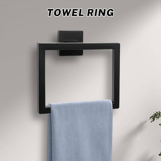 Matte Black Towel Bar Set 5-Piece Bathroom Hardware Accessories Set Includes 23.6 Inch Towel Bar,Toilet Paper Holder with Shelf,Square Towel Ring and Coat Hooks Stainless Steel Wall-Mounted - ModernBath