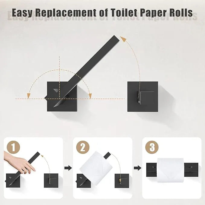 TQKAG Matte Black Bathroom Hardware Accessories Set 5 Pieces, Double Post Pivoting Toilet Paper Holder Set Stainless Steel Square Bathroom Towel Bar Holder Set Wall Mounted - ModernBath