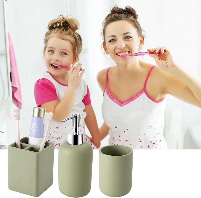 Resin 6 Pcs Green Bathroom Set Complete with Toothbrush Holder, Lotion Soap Dispenser, 2 Qtip Holder Dispensers,Vanity Tray,Bathroom Tumbler - Countertop Vanity Organizer - Bathroom Accessories - ModernBath