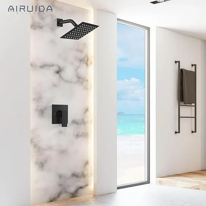 Airuida Shower Faucet Set Bathroom Rain Shower System SUS304 Stainless Steel Single Handle With Male Threads Rough-in Valve Shower Trim Kit 6 Inch Wall Mount Shower Head Matte Black - ModernBath