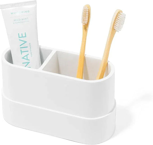 Yew Design Matte White Large Toothbrush and Toothpaste Holder and Cup for Bathroom Vanity and Countertop, Round Organizer for Electric Toothbrushes, Floss, Razors, Cotton, and Mouthwash - ModernBath