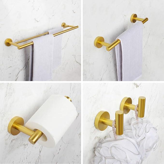 Gold 5-Pieces Bathroom Hardware Set Wall Mounted - Includes 24" Double Towel Bar, 12" Hand Towel Bar, Toilet Paper Holder, 2X Robe Towel Hooks - ModernBath