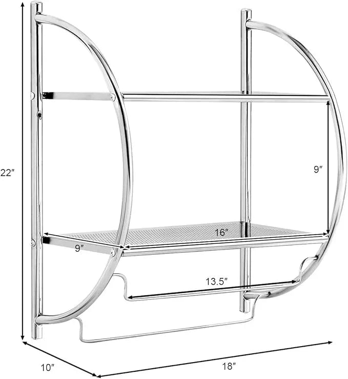 Tangkula Wall Mount 2 Tier Bathroom Shelf with Bars, 18" W X 10" D X 22" H, Home Toilet Double Layer Rustproof Chrome Shelf - ModernBath