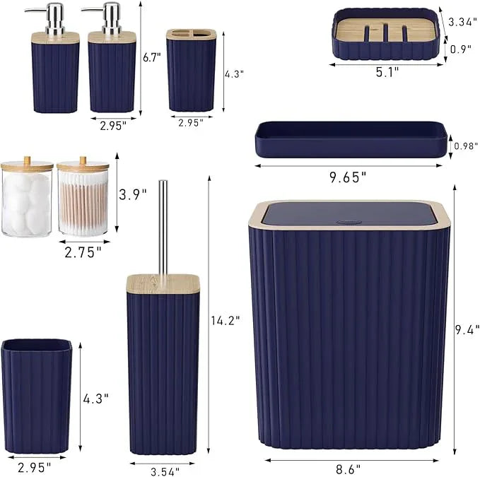 XLHOMO Bathroom Accessories Set - Elegant Blue Bathroom Set, 10PC Bathroom Accessory Set, Toilet Brush, Trash Can, Qtip Holder Dispenser & Soap Dispenser - ModernBath