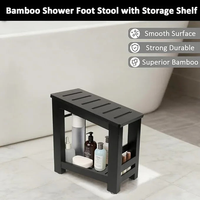 Forest Manor Bamboo Shower Foot Rest Stool for Shaving Legs & Pedicure, Non-Slip Bathroom Foot Step with Storage Pocket, Solid & Water-Resistant,Natural (Black) - ModernBath