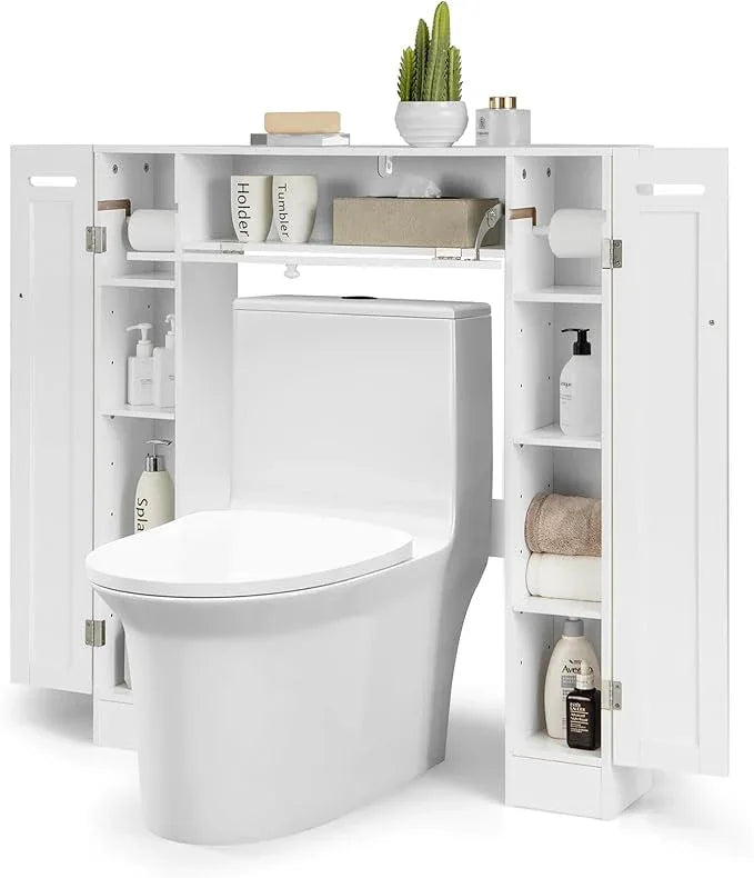 Tangkula Over The Toilet Storage Cabinet, Bathroom Space Saver Organizer with 2 Side Doors, Adjustable Shelves, Paper Holder, Freestanding Bathroom Cabinet Over Toilet for Small Space, Restroom, White - ModernBath