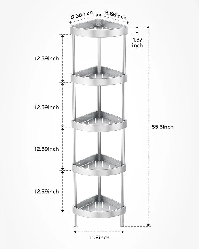 Nieifi Corner Shower Caddy Stand-5 Tier Rustproof Anodized Aluminum Standing Shower Organizer-Shower Caddy Corner-Dual Stability to Anti-Shaking-Height-Adjustable Legs for Uneven Surfaces-Silver - ModernBath