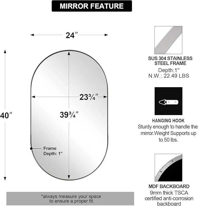 ANDY STAR Rustproof Chrome Oval Mirror for Bathroom, 24x40 Oval Vanity Mirror for Wall, Polished Nickel Mirror for Bathroom in SUS304 Metal Frame 1’’ Deep Wall Mounted Vertical/Horizontal - ModernBath