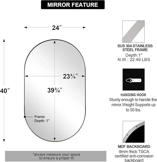 ANDY STAR Rustproof Chrome Oval Mirror for Bathroom, 24x40 Oval Vanity Mirror for Wall, Polished Nickel Mirror for Bathroom in SUS304 Metal Frame 1’’ Deep Wall Mounted Vertical/Horizontal - ModernBath