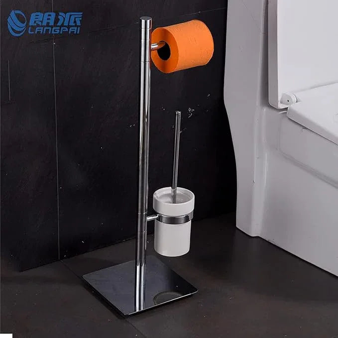 Freestanding Toilet Brush and Paper Holder Set Superior Hotel Luxury Style Join Roll Paper and Toilet Brush Non-Skid Sturdy Floor Stand Brass Chrome with White Ceramic Cup - ModernBath
