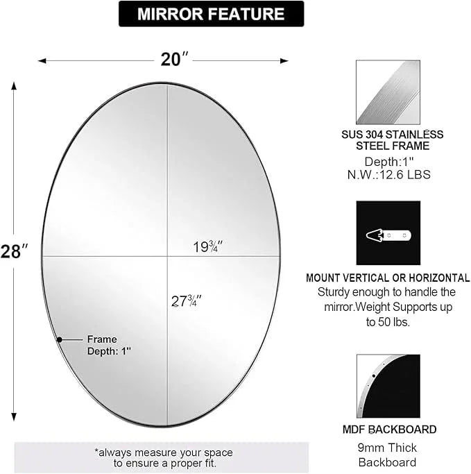 ANDY STAR Chrome Bathroom Mirror, Oval Chrome Mirror for Bathroom 20x28 Inch, Polished Chrome Anti-Rust Stainless Steel Metal Frame for Bathroom - ModernBath