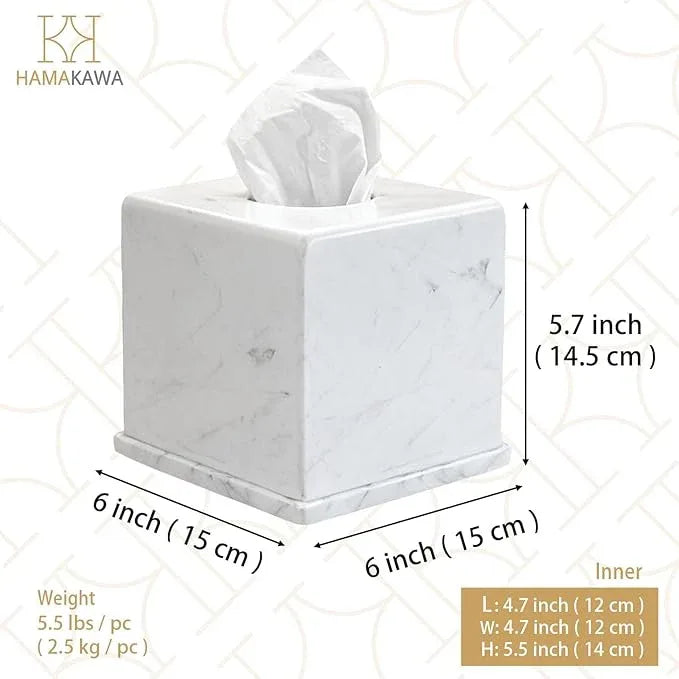 HAMAKAWA Natural Marble Tissue Box Cover, Volakas White Tissue Organizer 6 x 6 x 5.7 inch, Heavy Stone Decorative Box, Square Tissue Box Holder for Home Decor, Kitchen, Bathroom, Bedroom - ModernBath