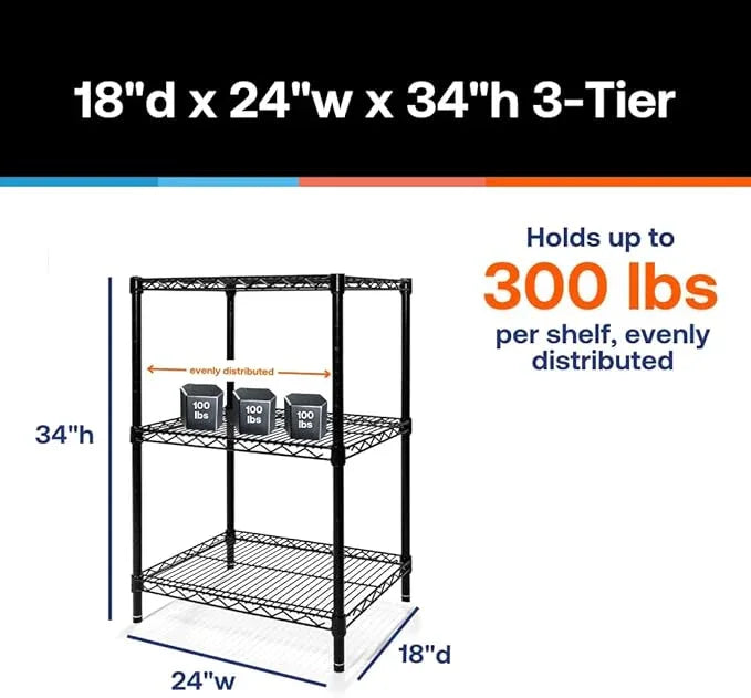 Shelving Inc. 18" d x 24" w x 34" h Black Wire Shelving with 3 Tier Shelves, Weight Capacity 300lbs Per Shelf - ModernBath