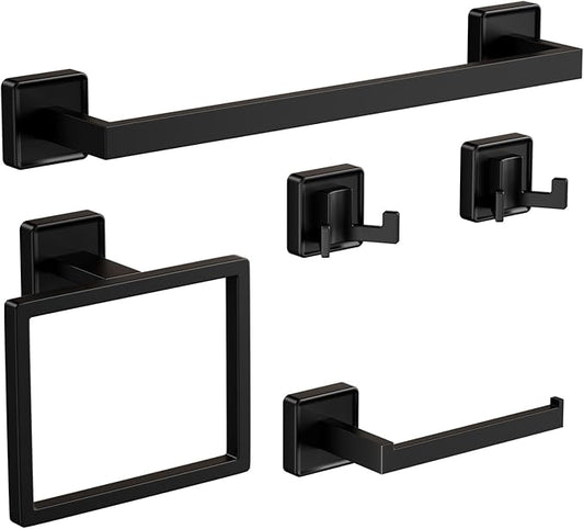 5-Piece Bathroom Hardware Set, Modern Square Black SUS304 Stainless Steel Wall Mounted Accessories for Bathroom & Toilet, Includes Towel Bar, Ring, Toilet Paper Holder and Double Hooks