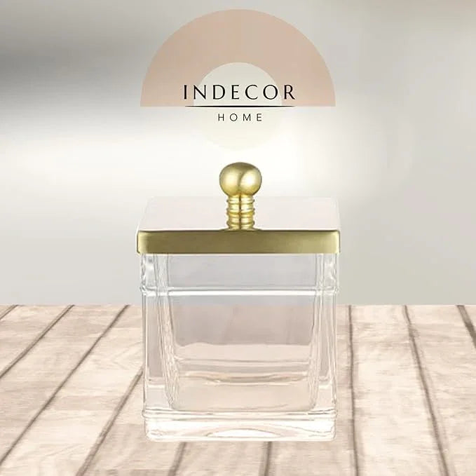 Indecor Home Clear Transparent Hotel Style Apothecary Tempered Glass Canister Jar W/ Gold Metal Lid Cover, Classic Countertop Organizer for Cotton balls/pads, Floss Picks, Makeup Storage - ModernBath