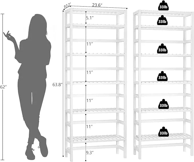 Homykic 6-Tier Bamboo Bookshelves and Bookcases, Adjustable 63.4”Tall Shallow Book Shelf Organizer Rack, Freestanding Storage Shelving Unit for Living Room, Kitchen, Bathroom, Office, White - ModernBath