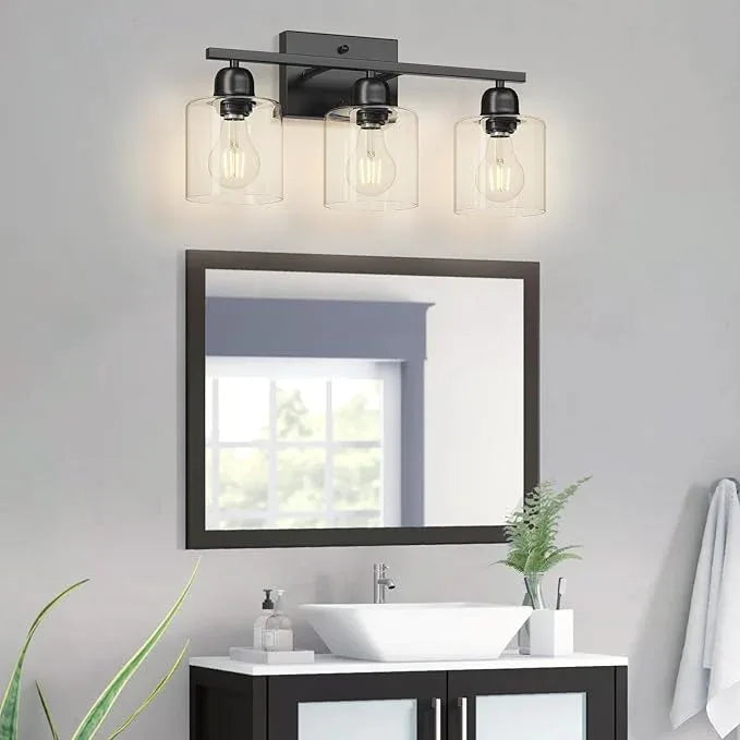 Modern 3 Light Bathroom Light Fixtures, 19 inch Black Vanity Lights For Bathroom With Clear Glass, Bathroom Lighting Fixtures Over Mirror For Mirror Kitchen Living Room Hallway Cabinet Porch - ModernBath