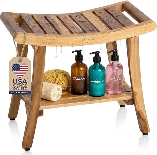 EcoDecors 24 Inch Harmony Natural Color Waterproof Teak Wood Shower Bench Stool Seat Chair For Inside Shower Storage Shelf Provides Safety, Storage, and Organization For Bathroom Accessories